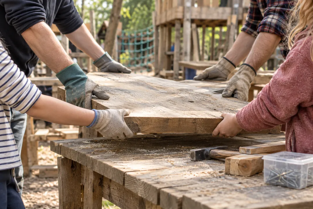 Kinder und Erwachsene tragen gemeinsam ein Holzbrett.